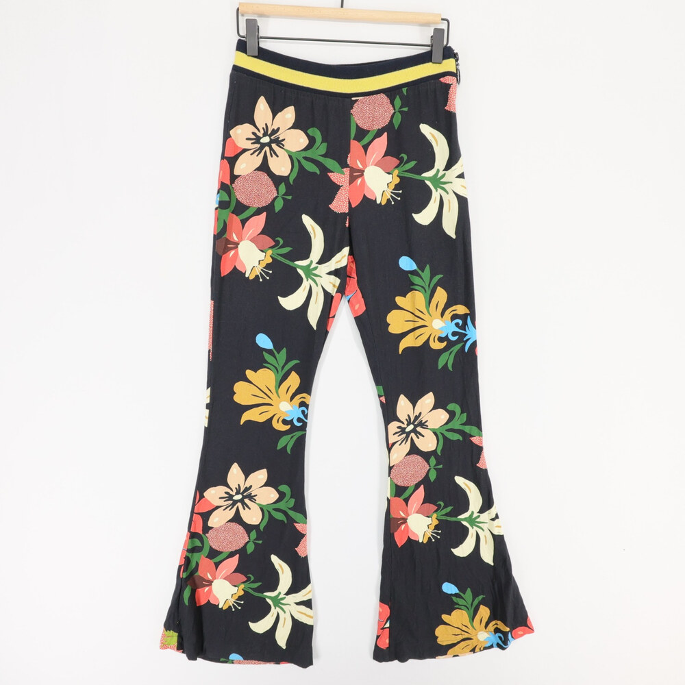 Farm Rio Calla Pants Womens XS Black Floral Flare High Rise Side Zip Retro